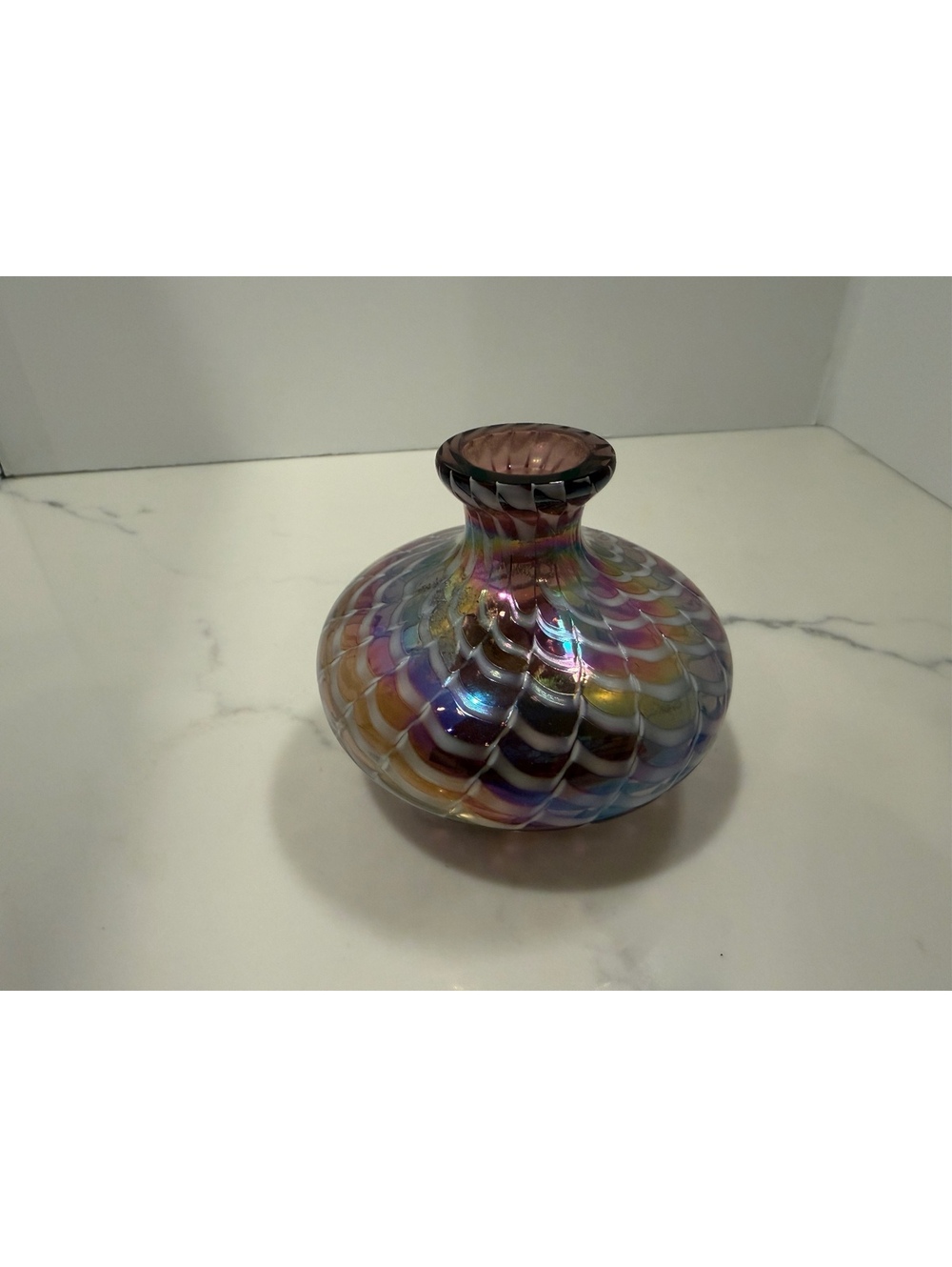 Hand-Blown Multicolor Swirl Glass Vase with Iridescent Finish